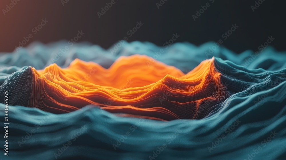 Poster A vibrant, abstract representation of rolling waves in blue and orange hues, creating a dynamic sense of movement and depth.