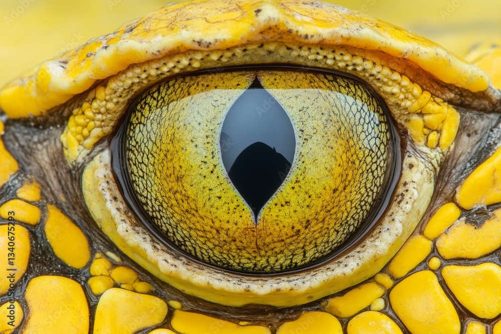 Poster close-up view of a striking yellow turtle eye showcasing intricate patterns and vibrant colors