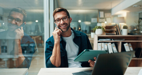 Businessman, tablet and thinking with phone call in office, information and news for publication....