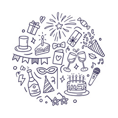 Doodles of festive elements: cake, gifts, glasses, champagne, balloons, fireworks, masks, music, and decorations. Hand-drawn vector illustration isolated on a white background.