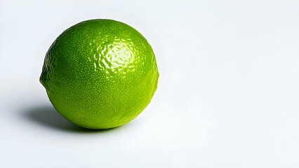 A single, bright green lime with a textured surface, positioned on a plain light background. Concept Bright Green Lime, Textured Surface, Minimalist Composition, Simple Background
