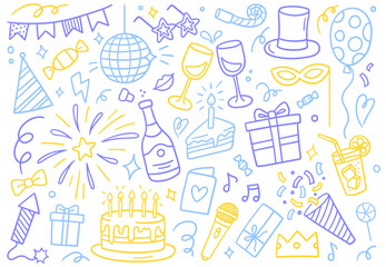 Colorful doodle illustration with festive elements. Vector illustrations on a white background. Perfect for parties, celebrations, and special events design.