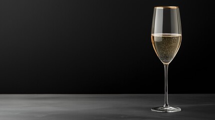 Close-up of a champagne glass on a black background. the glass is tall and slender with a long stem and a round base.