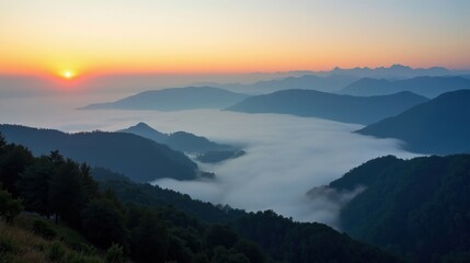 Fototapeta premium High-quality professional photo of Monti Sibillini in Italy during dawn with foggy conditions, shot from above, capturing the ethereal beauty of mist-covered mountains and valleys.