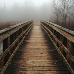 Fototapeta premium A wooden bridge leading into the mist, symbolizing uncertainty, new beginnings, and self-discovery.