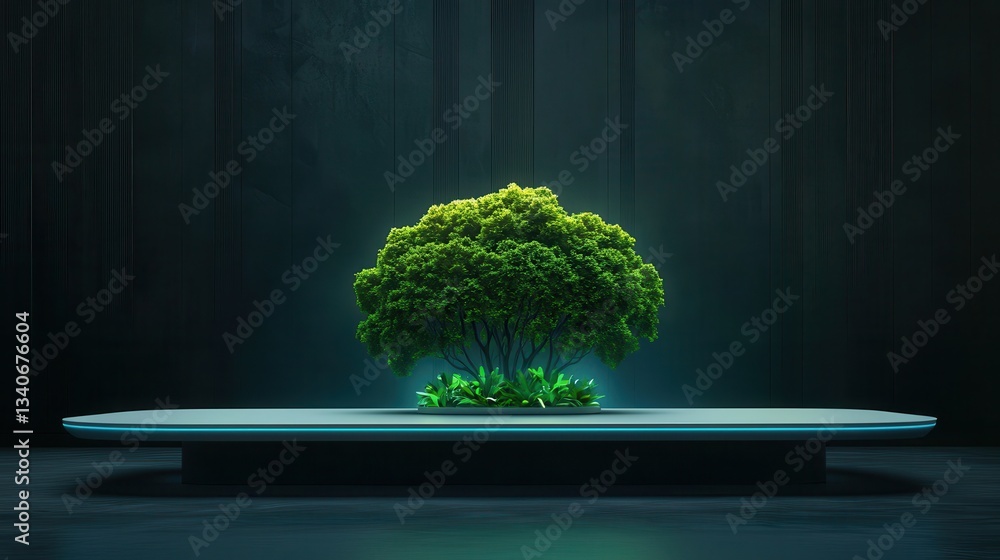 Poster A vibrant green tree displayed on a sleek platform, set against a dark backdrop, creating a serene and minimalist aesthetic.