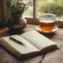 An open notebook with a pen resting on it, placed on a wooden desk with a cup of herbal tea nearby, symbolizing reflection and journaling