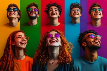 Group of young friends laughing together in colorful backgrounds during a joyful celebration