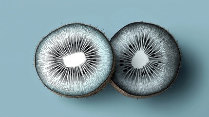 Digital illustration of two halves of a kiwi fruit. the halves are cut in half, revealing the seeds inside. the seeds are black and white and have a zigzag pattern on them.