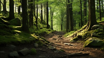 A photo of a calming forest trail for mindful walks.