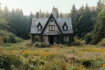 Fototapeta premium A gothic-style country house standing tall in a vibrant summer field, with dark ivy climbing the walls and an ominous shadow stretching across the sunny landscape