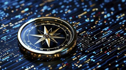 Compass featuring financial symbols as directions, steering towards effective wealth management, surrounded by sleek, modern digital patterns.
