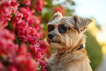 Dog wearing sunglasses poses beside vibrant pink flowers in a sunny garden setting during the day