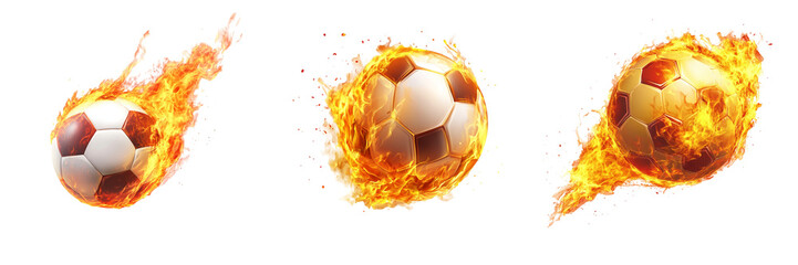Set of Soccer balls on fire on transparent background
