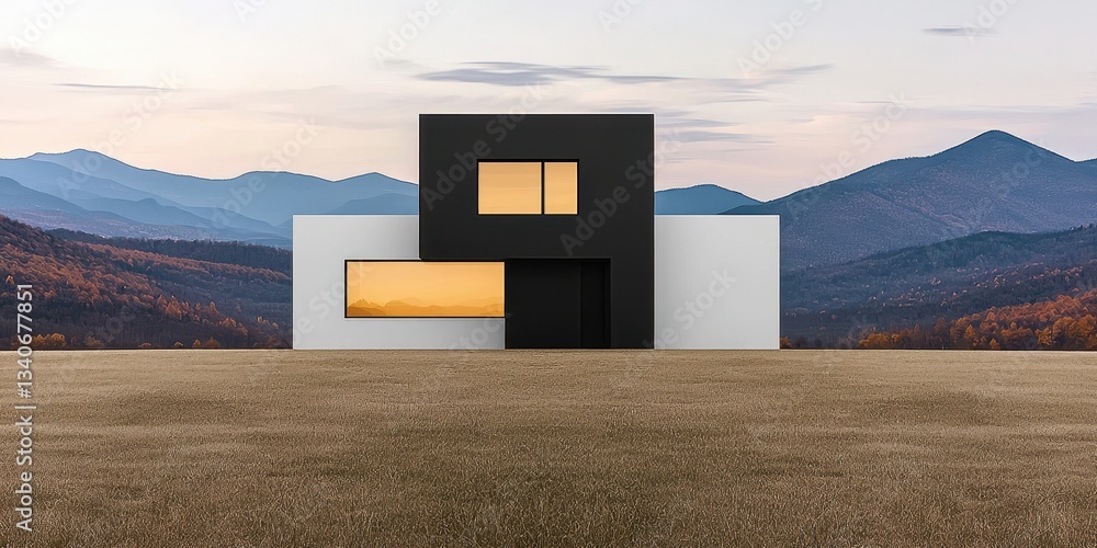 Poster A modern building with geometric shapes sits in a vast field, surrounded by mountains under a serene sky, showcasing minimalist architecture.