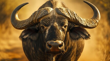 Naklejka premium Majestic buffalo in golden sunlight walking through the savannah at dawn capturing the essence of nature's beauty