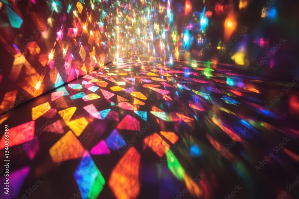 Poster Colorful light reflections create a vibrant atmosphere in a dimensional space with intricate patterns and textures