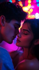 A close-up shot of a couple in a vibrant city at night, their faces softly lit by glowing neon signs
