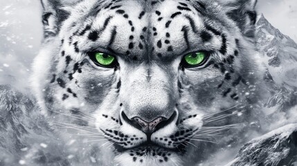 Naklejka premium Majestic snow leopard gazes intently amidst snowy mountain landscape during winter snowfall