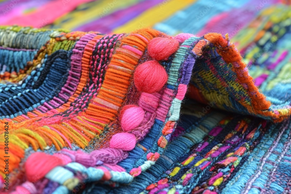 Poster colorful textile showcasing intricate stitching and vibrant patterns from a traditional craft fair