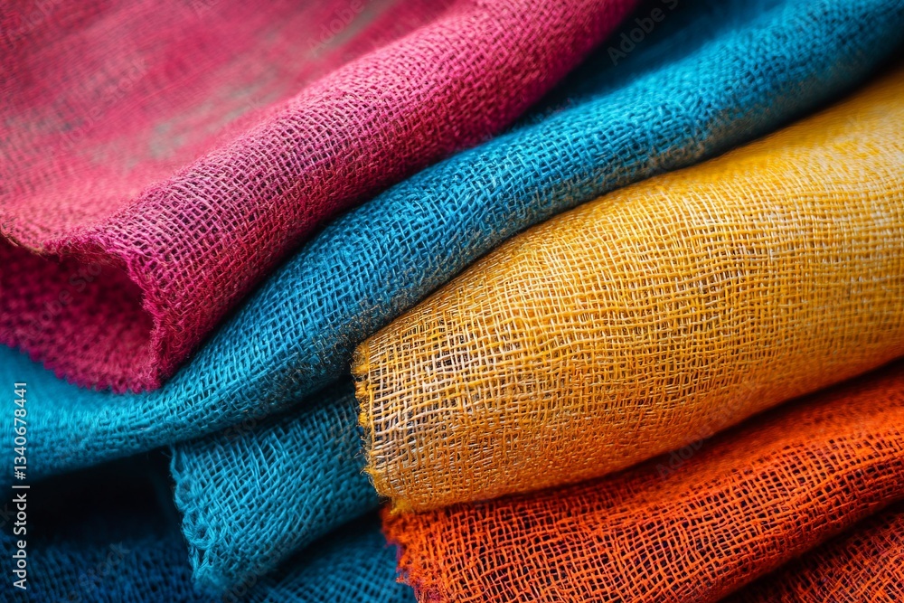 Poster Vibrant rolls of textured fabric arranged in a colorful display at a local market in the afternoon light