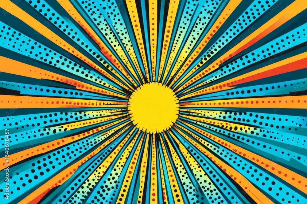 Poster Bright yellow sunburst pattern with vibrant blue and orange rays creating a dynamic visual effect in a graphic design setting