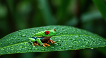 Obraz premium Red-eyed Tree Frog Sitting on Wet Leaf in Tropical Forest