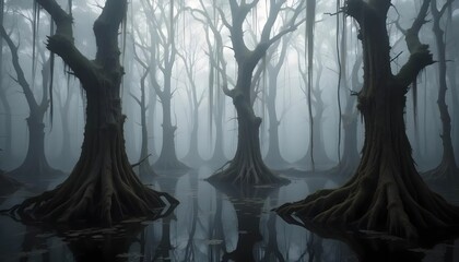 Eerie Swamp with Fog and Bare Trees