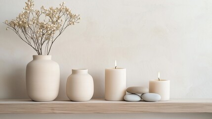 Wooden shelf against a white wall. on the shelf, there are three white vases and two white candles. the vases are tall and slender, with a wide base and a narrow neck.