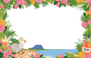 Vector horizontal frame. Panoramic view of Mauritius island beach and Le Morne Brabant mountain. Dodo bird, trochetia boutoniana flowers, pineapple, rum, cocktail in flat style. Tropical paradise