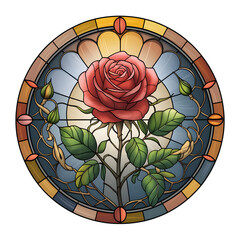 Stained Glass Rose: An intricate stained glass window depicts a vibrant red rose in full bloom, surrounded by delicate green leaves and a spectrum of colors, radiating elegance and timeless beauty.