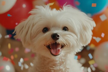 Happy dog celebrating at a colorful party with balloons and confetti, showcasing joy and festivity
