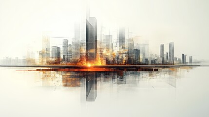 Fototapeta premium Abstract modern cityscape reflected in water with brilliant orange sunset