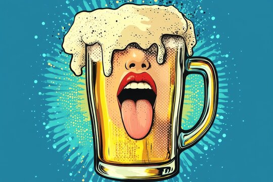 Creative pop art illustration of a woman with tongue out next to a frothy beer mug against a vibrant background