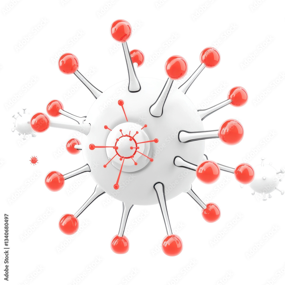 Poster 3d virus model with red spikes, representing virus structure, isolated transparency background
