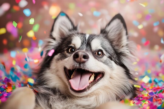 Happy dog celebrating with colorful confetti in a vibrant indoor setting during a joyful occasion
