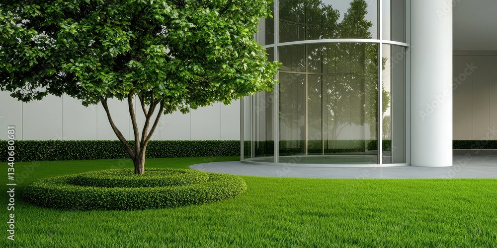 Poster a modern entrance featuring a decorative tree and manicured grass, creating an inviting atmosphere f