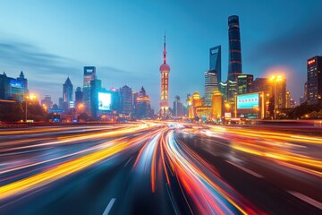 Obraz premium Shanghai Skyline at Dusk: A Symphony of Lights and Motion