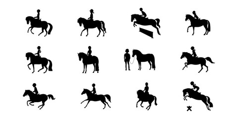 Set of black pony riding silhouettes featuring riders in various equestrian activities such as jumping, trotting, and training