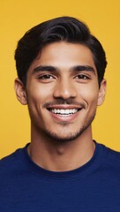 Obraz premium smiling young man in blue shirt with a yellow background