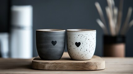 Two ceramic cups on a wooden tray. the cups are black and white in color and have a heart-shaped design on them. the tray is placed on a table with a blurred background.