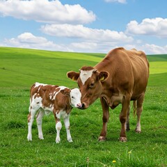 A brown cow and calf standing together in a green field with a blue sky and scattered clouds in the background.

