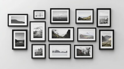 Gallery wall of framed landscape photographs in minimalist arrangement.