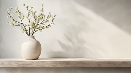 White vase with small white flowers in it sitting on a wooden shelf against a plain white wall. the vase is round and has a smooth texture.
