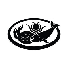 Seafood platter design, crab, fish, sun, ocean, oval, plate, black, white, graphic