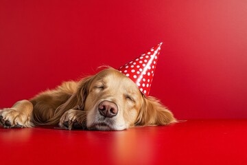 Golden retriever relaxing with a party hat on a bright red surface during a celebration