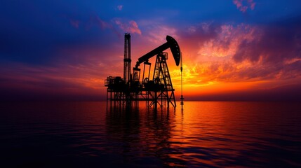 Offshore Oil Rig at Sunset: A Dramatic Silhouette against Vibrant Colors
