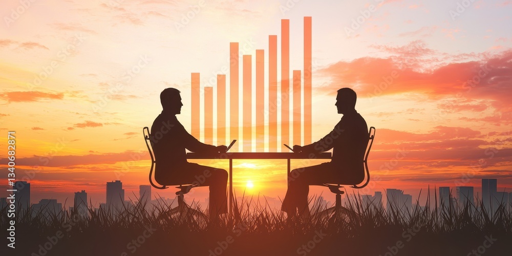 Poster silhouettes of two people at a table with a sunset backdrop, symbolizing partnership and growth in a