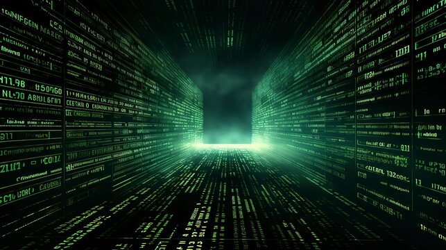 A photo of a computer code matrix in a virtual space.