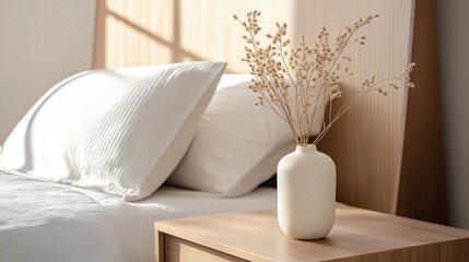 Bedroom scene with a bed in the background. the bed has white linens and two white pillows. on the nightstand next to the bed, there is a white vase with dried flowers in it.